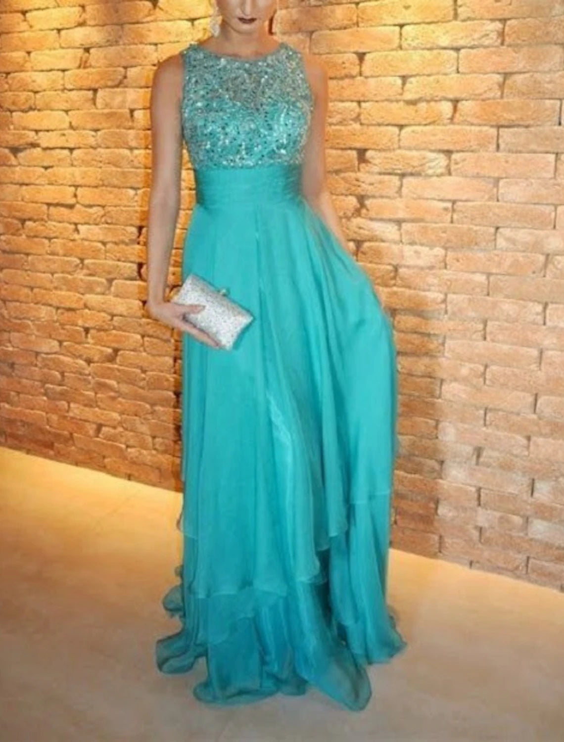 A-Line Evening Gown Elegant Dress Formal Wedding Guest Sweep / Brush Train Sleeveless Jewel Neck Chiffon