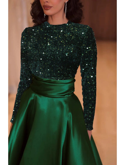 A-Line Evening Gown Sparkle Red Green Dress Formal Cocktail Party Court Train Long Sleeve High Neck Fall Wedding Guest Satin