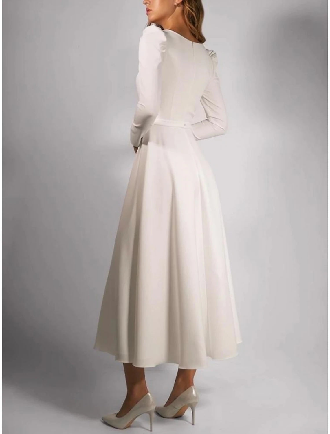 Simple Wedding Dresses A-Line Square Neck Long Sleeve Tea Length Stretch Fabric Bridal Gowns