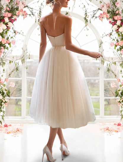 Reception Little White Dresses Wedding Dresses A-Line Sweetheart Strapless Tea Length Tulle Bridal Gowns