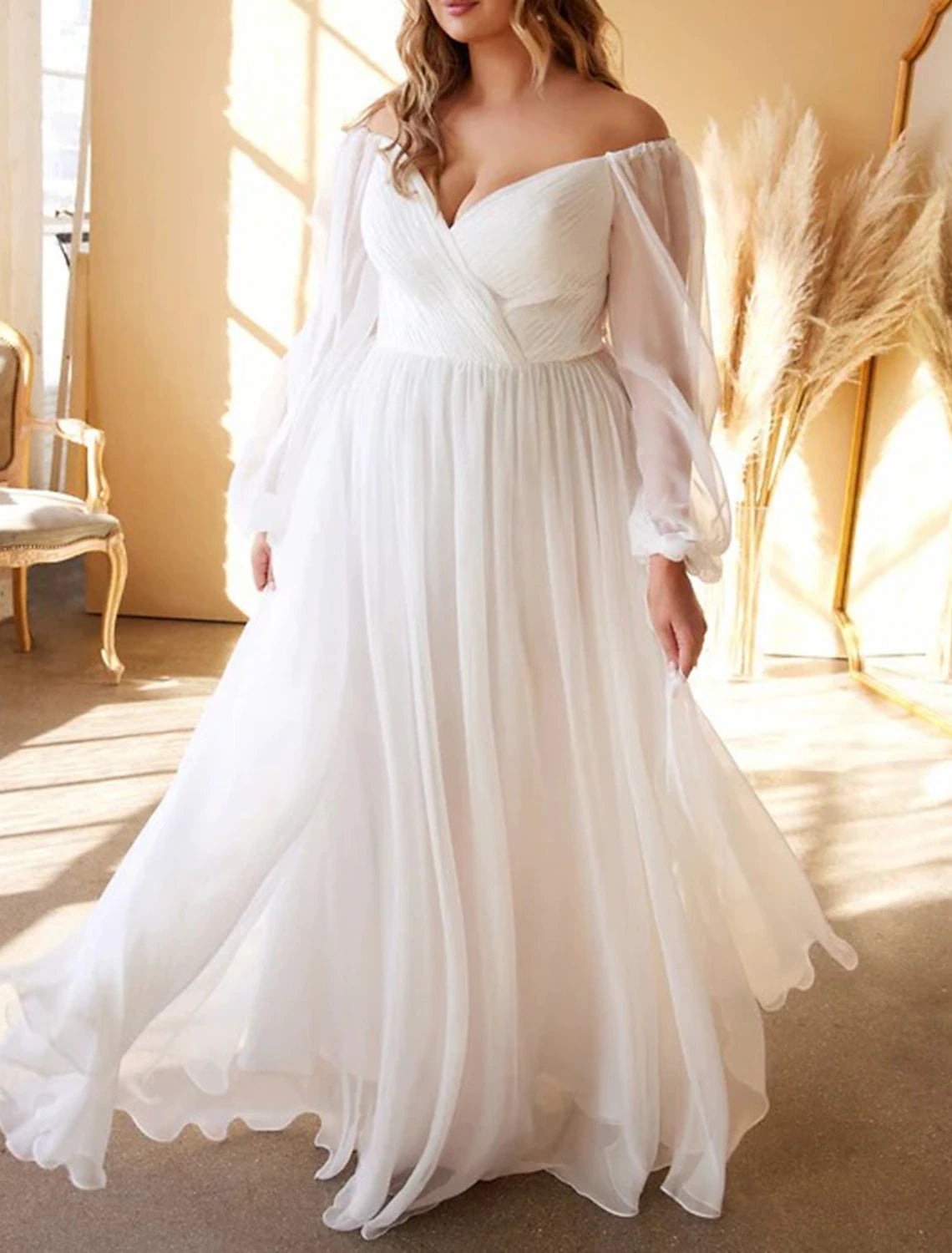 Beach Simple Wedding Dresses A-Line Off Shoulder Long Sleeve Floor Length Chiffon Bridal Gowns