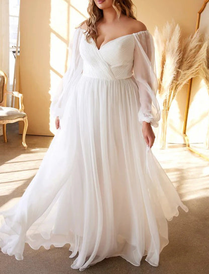 Beach Simple Wedding Dresses A-Line Off Shoulder Long Sleeve Floor Length Chiffon Bridal Gowns