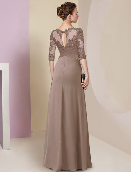 Sheath / Column Mother of the Bride Dress Elegant Simple Jewel Neck Floor Length Chiffon Lace Half Sleeve