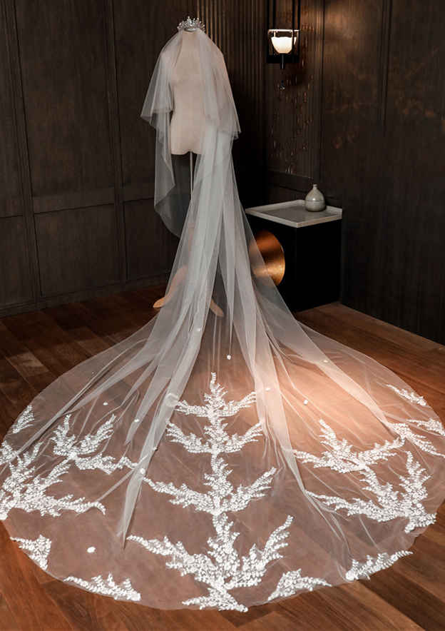 Two-tier Cathedral Bridal Veils With Applique Lace