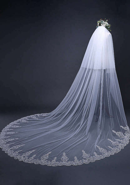 Two-tier Cathedral Bridal Veils With Applique Lace