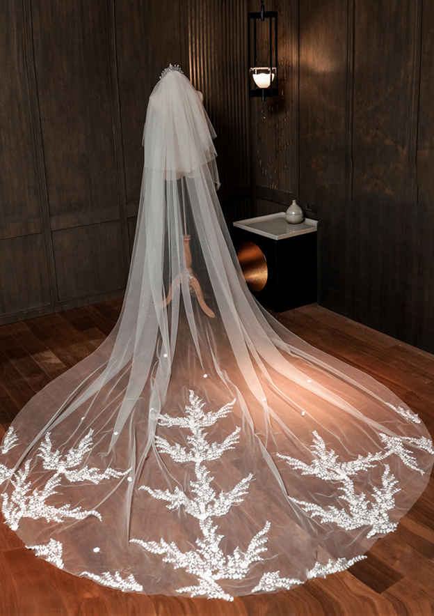 Two-tier Cathedral Bridal Veils With Applique Lace