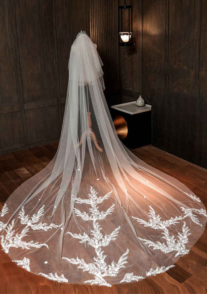 Two-tier Cathedral Bridal Veils With Applique Lace