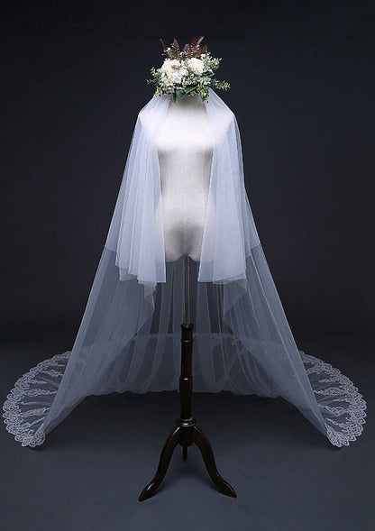 Two-tier Cathedral Bridal Veils With Applique Lace