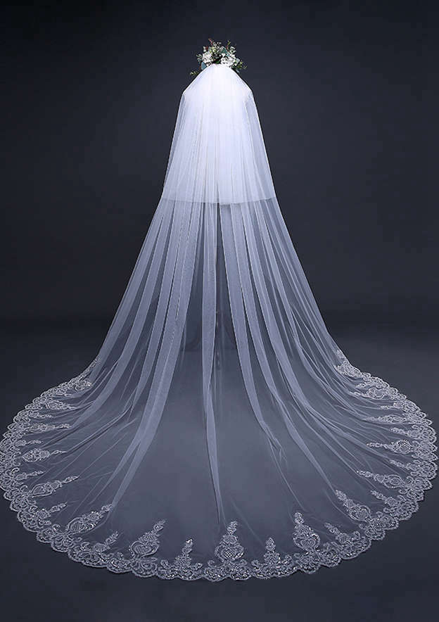 Two-tier Cathedral Bridal Veils With Applique Lace