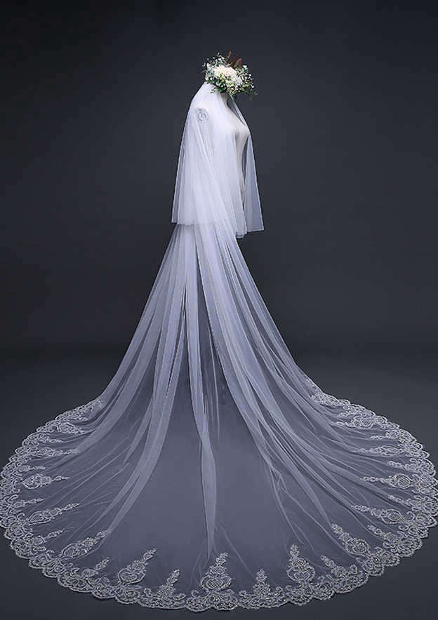 Two-tier Cathedral Bridal Veils With Applique Lace