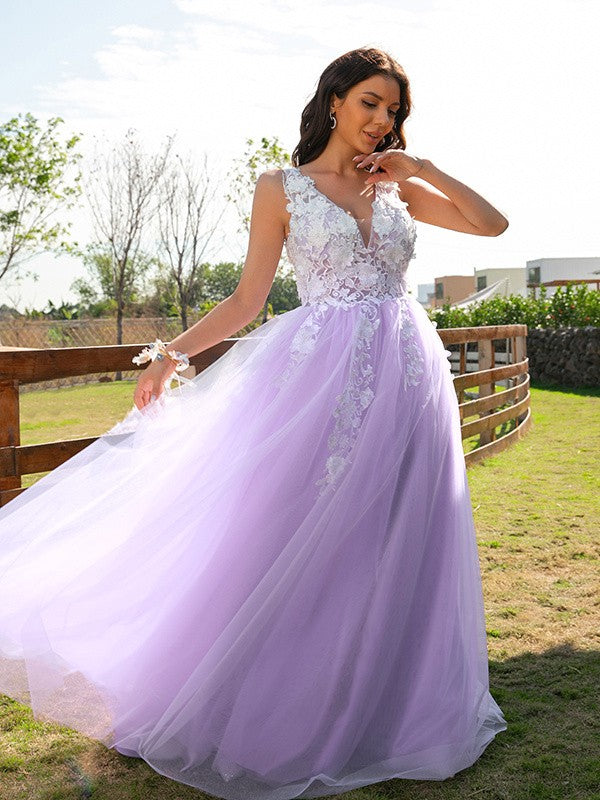 Tulle Applique V-neck Sleeveless Floor-Length Dresses