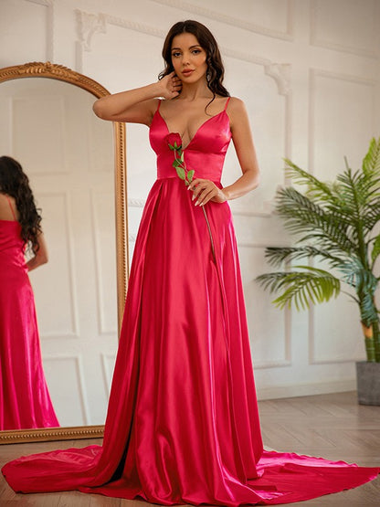 Silk like Satin Ruched V-neck Sleeveless Sweep/Brush Train Dresses