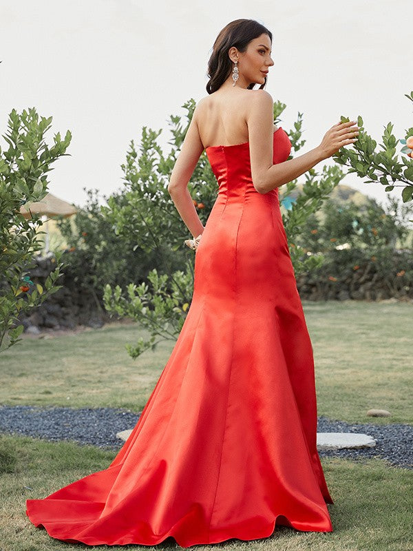 Satin Ruched Strapless Sleeveless Sweep/Brush Train Dresses