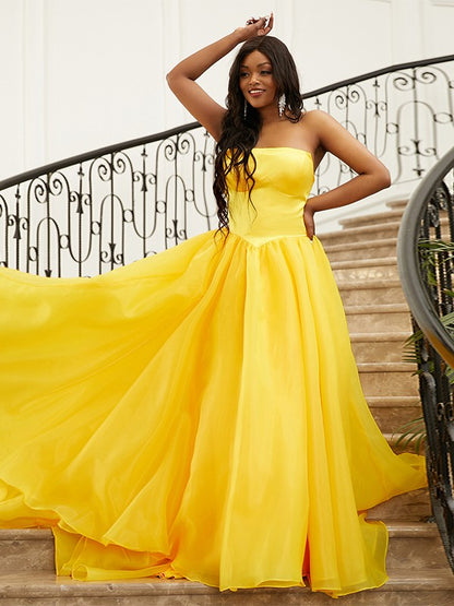 Satin Ruffles Strapless Sleeveless Sweep/Brush Train Dresses