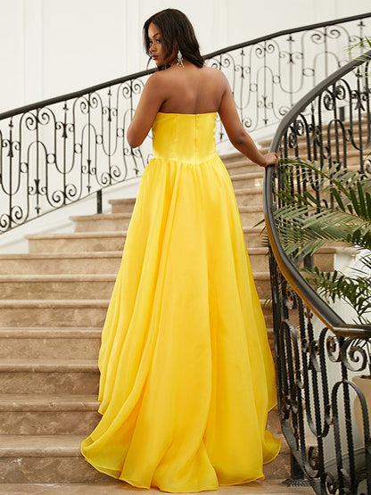 Satin Ruffles Strapless Sleeveless Sweep/Brush Train Dresses