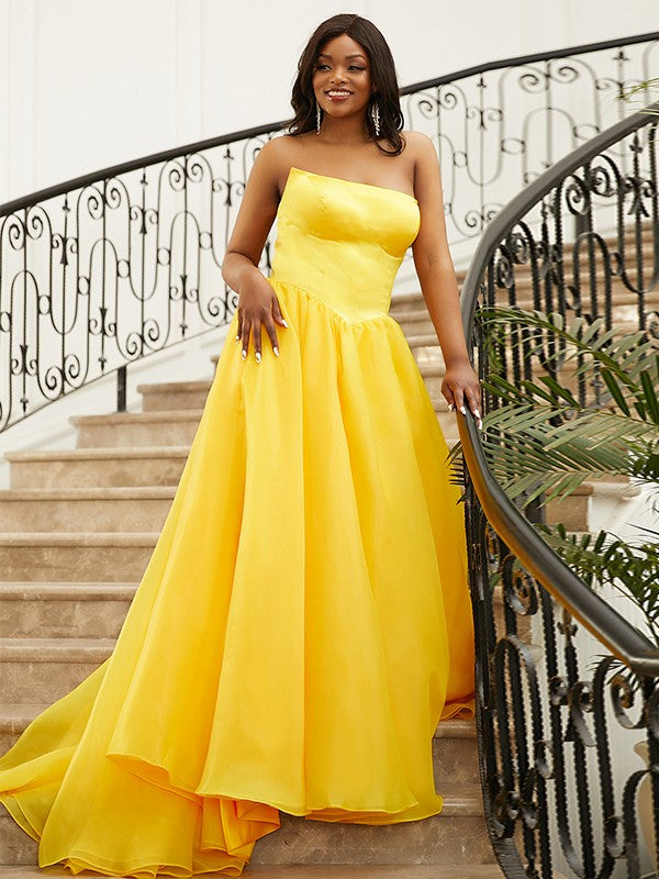 Satin Ruffles Strapless Sleeveless Sweep/Brush Train Dresses