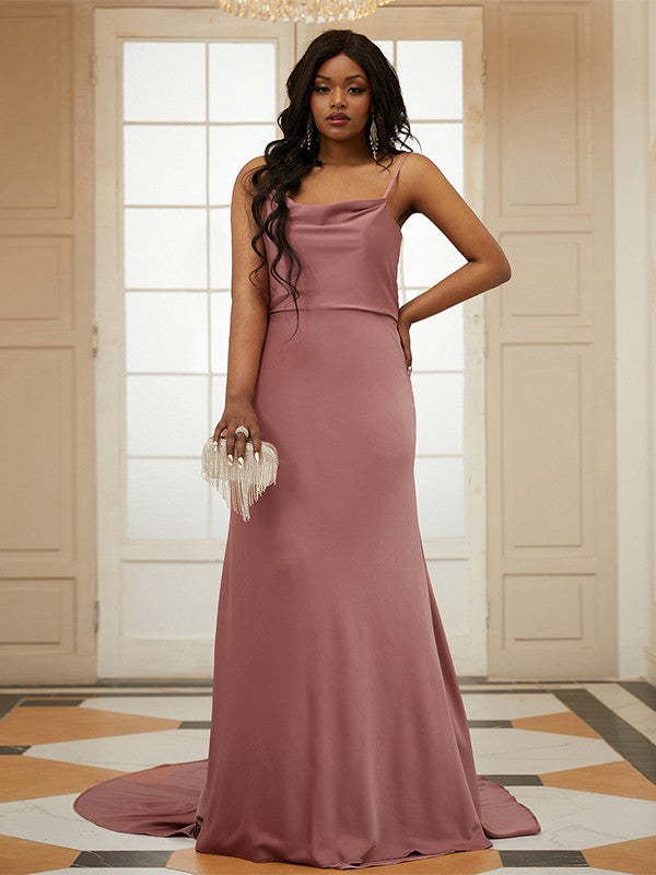 Elastic Woven Satin Ruched Spaghetti Straps Sleeveless Sweep/Brush Train Dresses