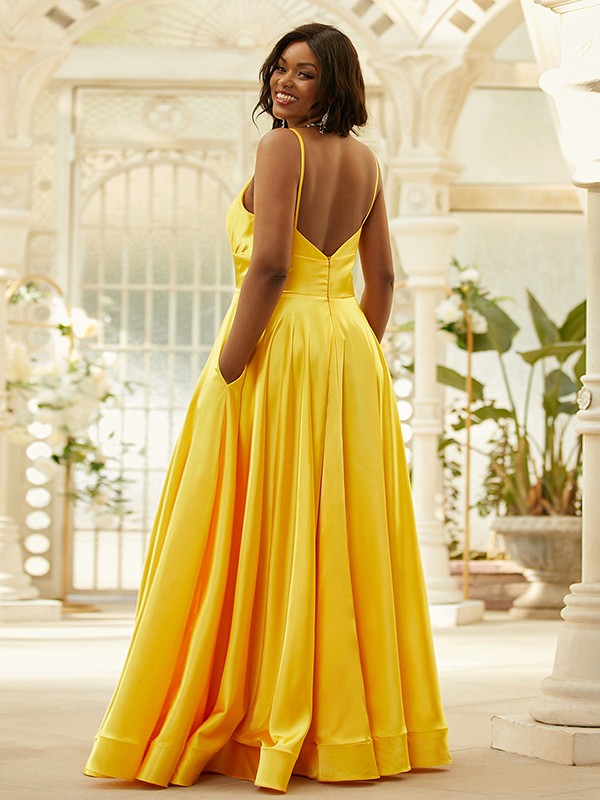 Silk like Satin Ruffles V-neck Sleeveless Floor-Length Dresses