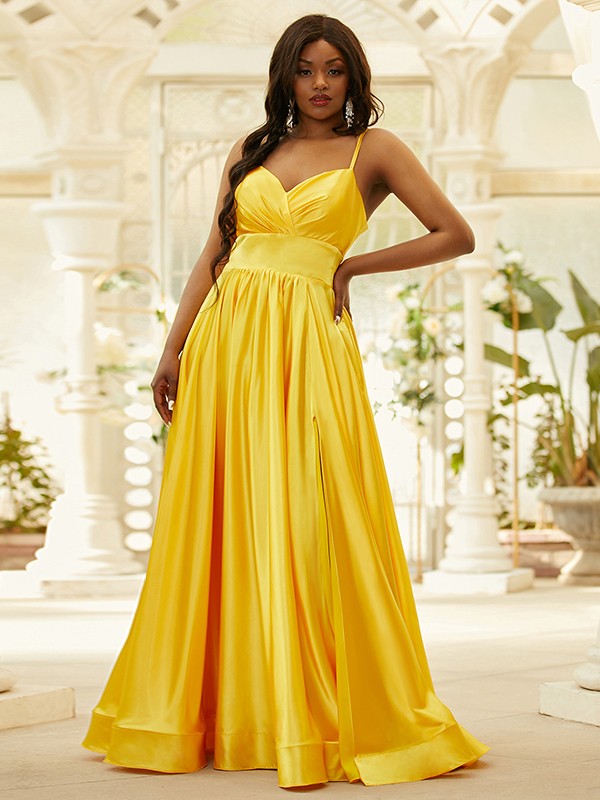 Silk like Satin Ruffles V-neck Sleeveless Floor-Length Dresses