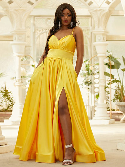 Silk like Satin Ruffles V-neck Sleeveless Floor-Length Dresses