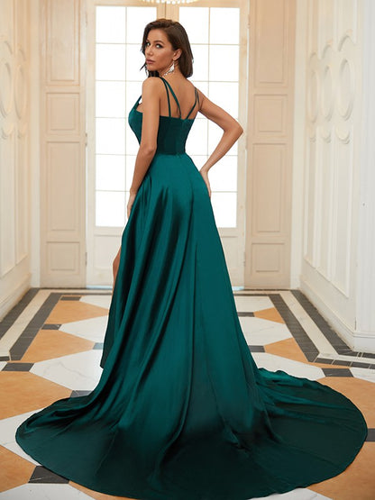 Elastic Woven Satin Ruffles V-neck Sleeveless Court Train Dresses