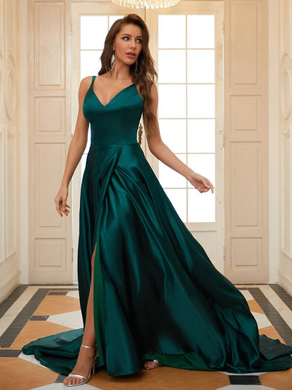 Elastic Woven Satin Ruffles V-neck Sleeveless Court Train Dresses