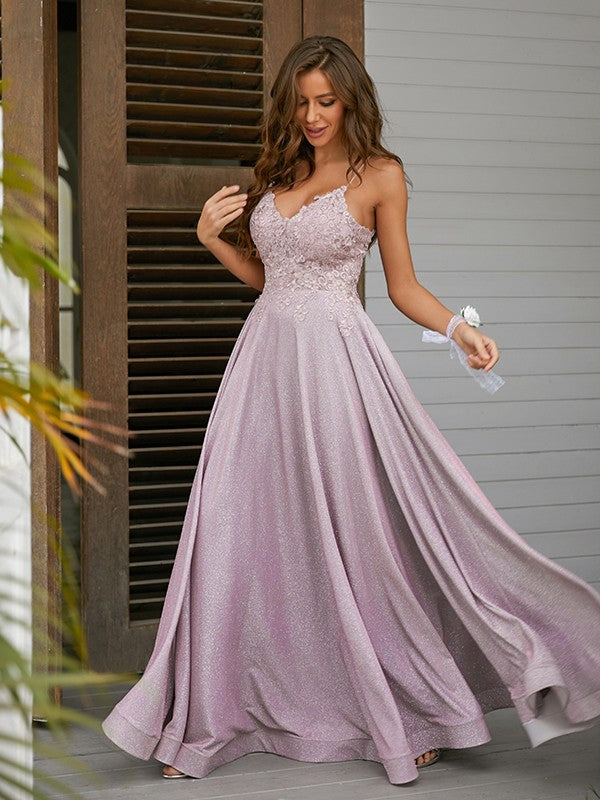 Applique V-neck Sleeveless Floor-Length Dresses