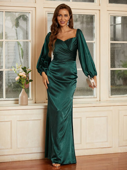 Satin Ruched V-neck Long Sleeves Floor-Length Dresses