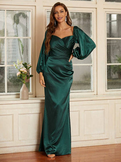 Satin Ruched V-neck Long Sleeves Floor-Length Dresses