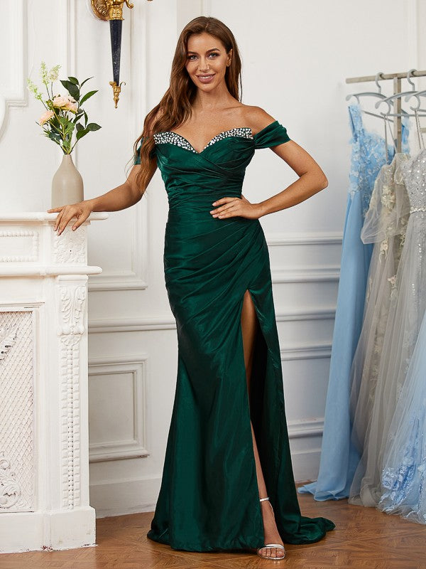 Satin Ruched Off-the-Shoulder Sleeveless Sweep/Brush Train Dresses