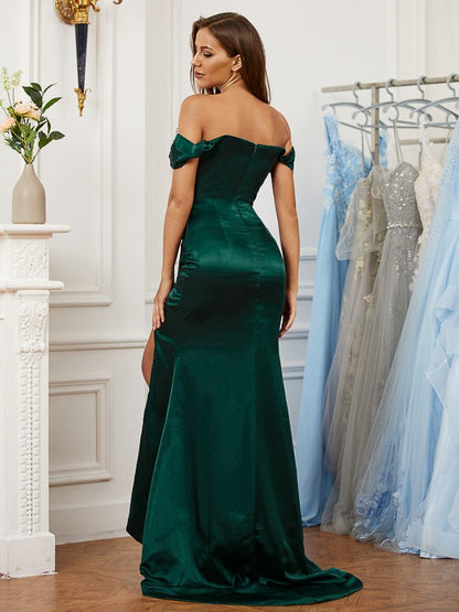 Satin Ruched Off-the-Shoulder Sleeveless Sweep/Brush Train Dresses