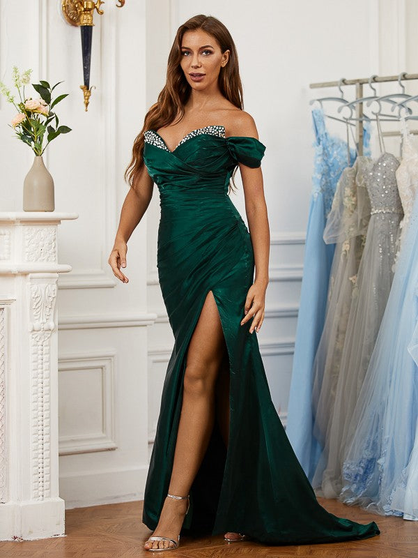 Satin Ruched Off-the-Shoulder Sleeveless Sweep/Brush Train Dresses