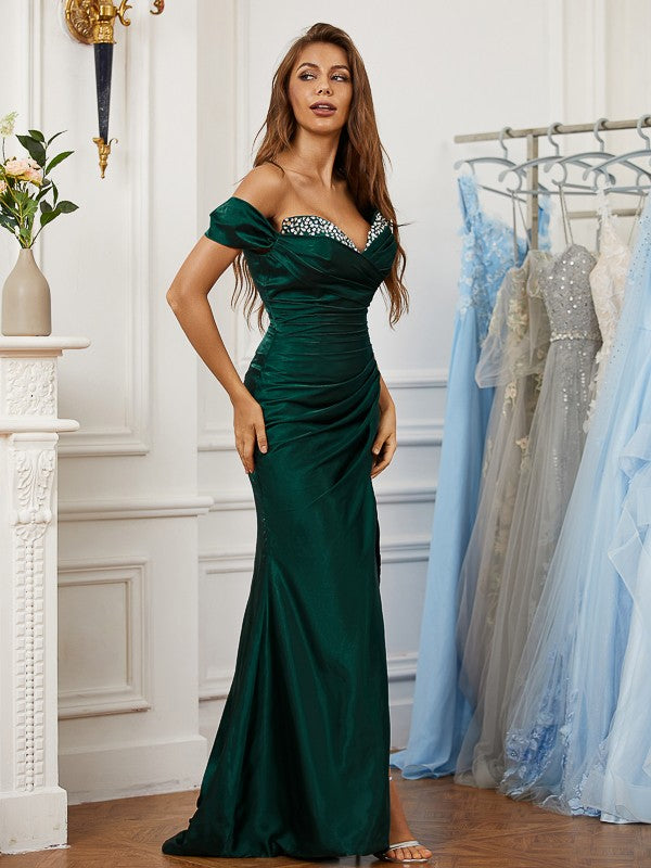 Satin Ruched Off-the-Shoulder Sleeveless Sweep/Brush Train Dresses