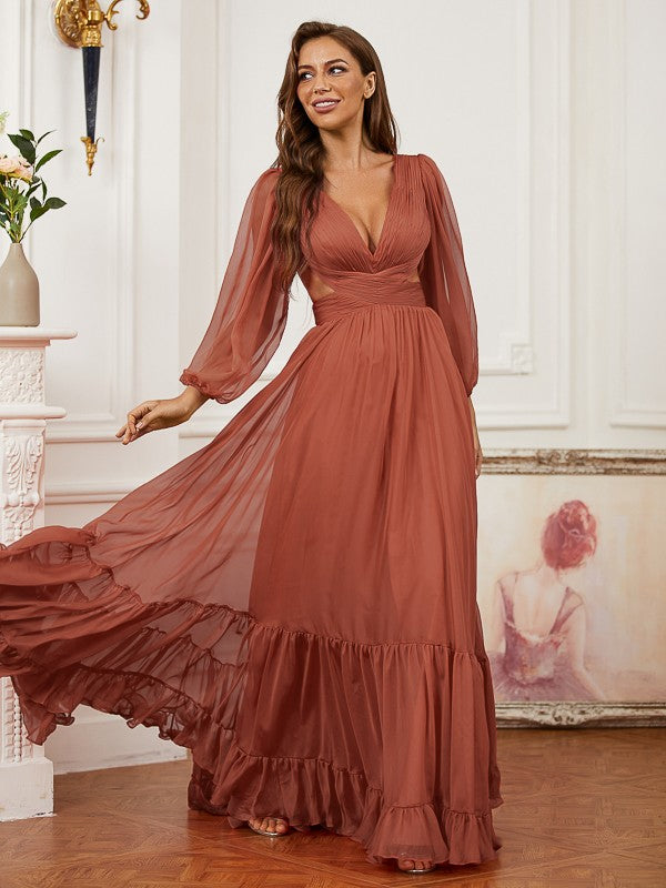 Chiffon Ruffles V-neck Long Sleeves Sweep/Brush Train Dresses