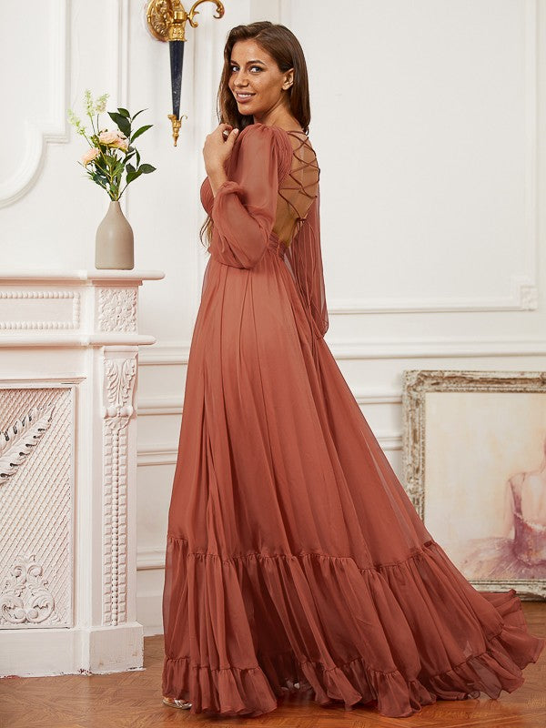 Chiffon Ruffles V-neck Long Sleeves Sweep/Brush Train Dresses