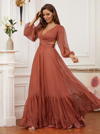 Chiffon Ruffles V-neck Long Sleeves Sweep/Brush Train Dresses