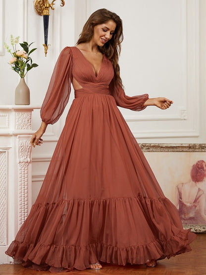 Chiffon Ruffles V-neck Long Sleeves Sweep/Brush Train Dresses