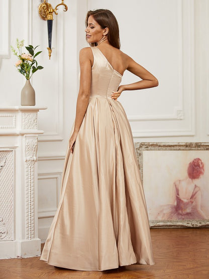 Satin Ruffles One-Shoulder Sleeveless Floor-Length Dresses