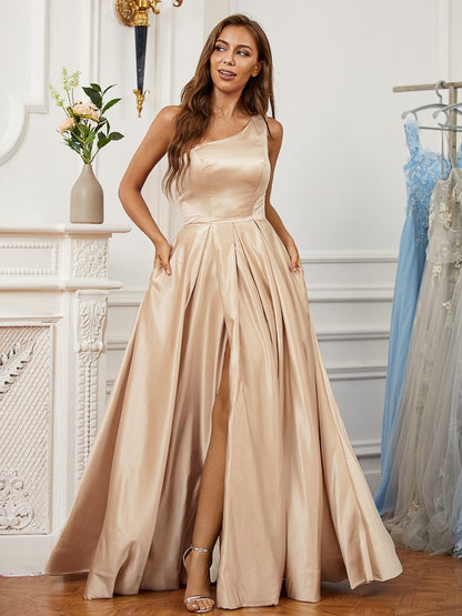 Satin Ruffles One-Shoulder Sleeveless Floor-Length Dresses