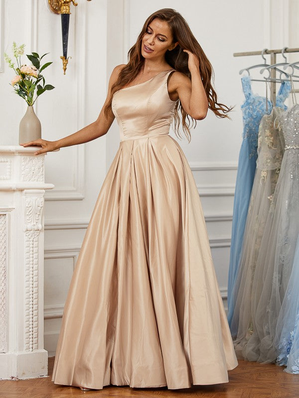 Satin Ruffles One-Shoulder Sleeveless Floor-Length Dresses