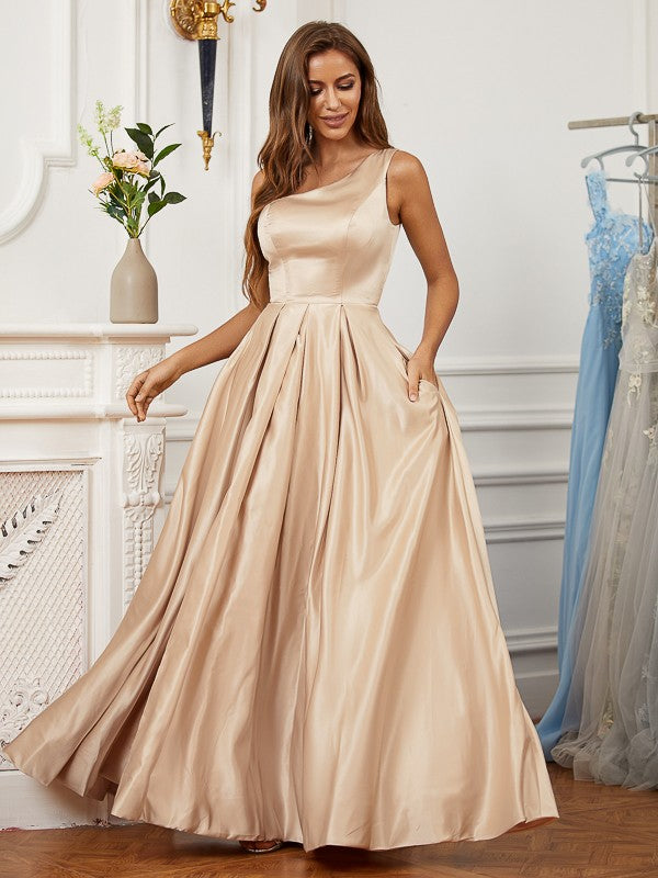 Satin Ruffles One-Shoulder Sleeveless Floor-Length Dresses