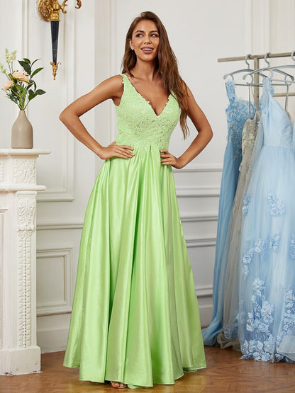 Elastic Woven Satin Lace V-neck Sleeveless Floor-Length Dresses