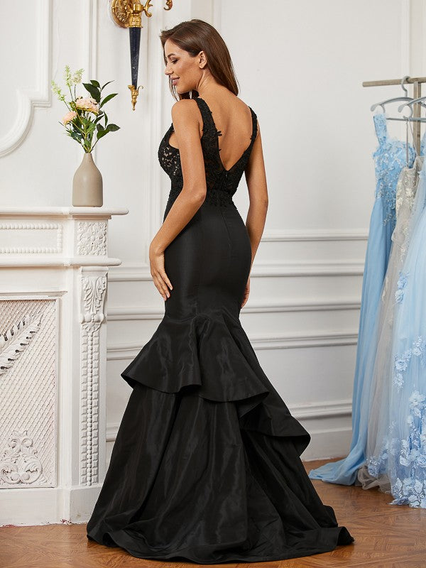 Satin Lace V-neck Sleeveless Sweep/Brush Train Dresses