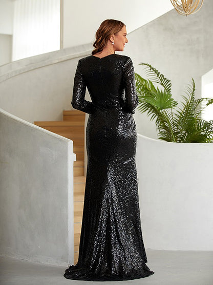 Sequins Ruched V-neck Long Sleeves Sweep/Brush Train Dresses