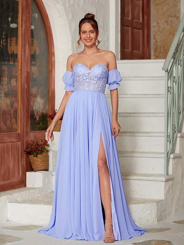 Weitese A-Line/Princess Chiffon Lace Sweetheart Short Sleeves Floor-Length Dresses