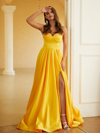 Satin Ruffles Spaghetti Straps Sleeveless Floor-Length Dresses