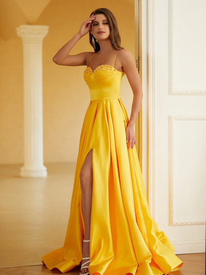 Satin Ruffles Spaghetti Straps Sleeveless Floor-Length Dresses