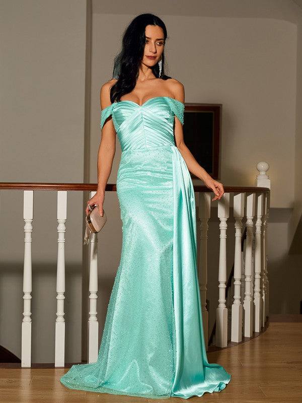 Elastic Woven Satin Ruched Off-the-Shoulder Sleeveless Sweep/Brush Train Dresses