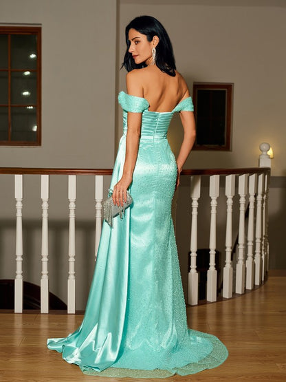 Elastic Woven Satin Ruched Off-the-Shoulder Sleeveless Sweep/Brush Train Dresses