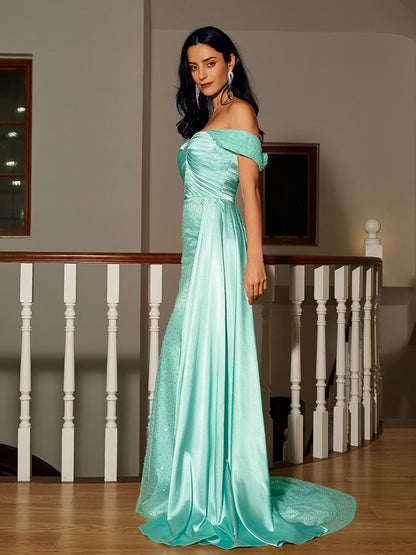 Elastic Woven Satin Ruched Off-the-Shoulder Sleeveless Sweep/Brush Train Dresses